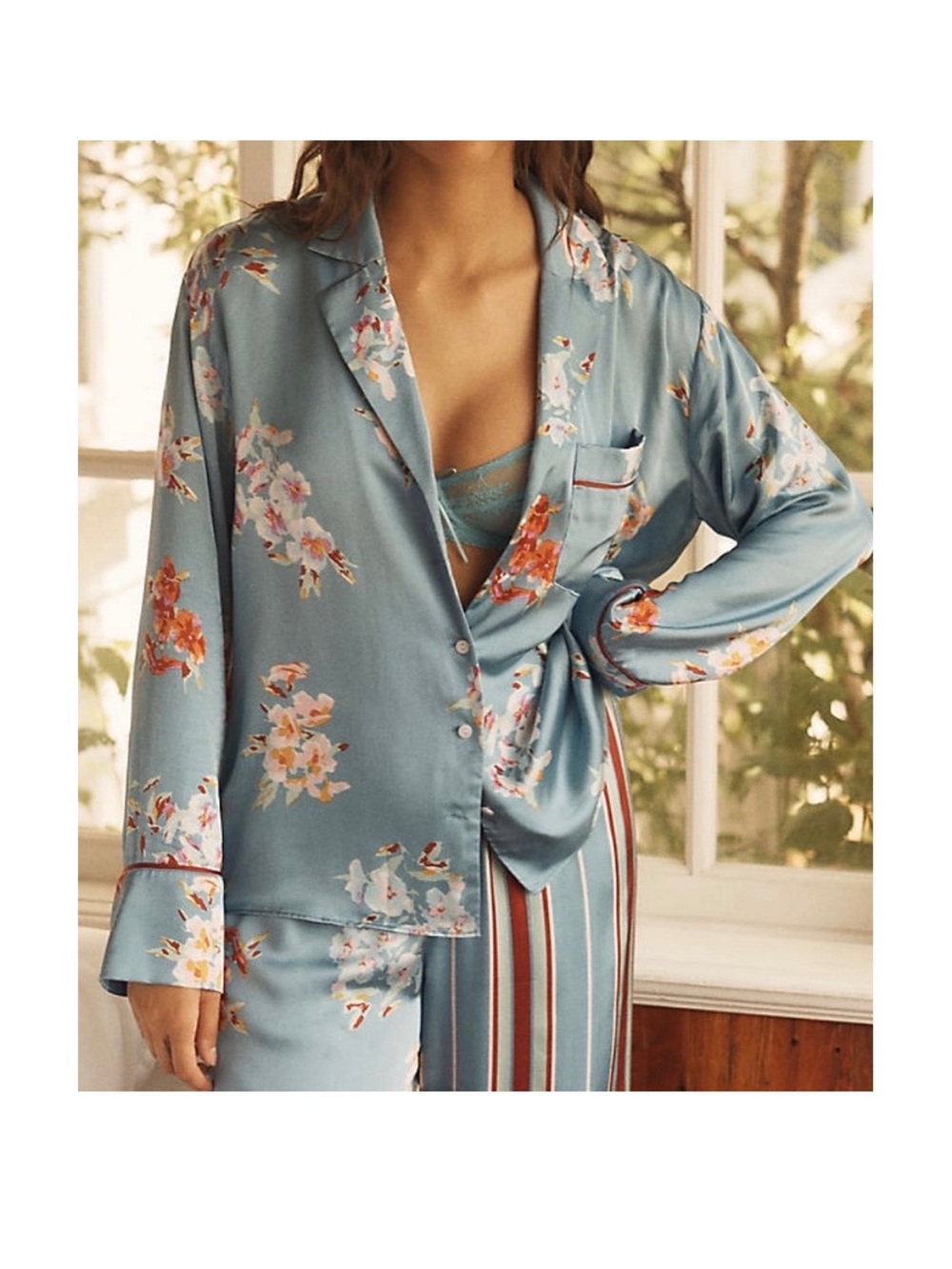 Anthropologie LyreBird The Silky Pajama Shirt Blue Floral Size Small